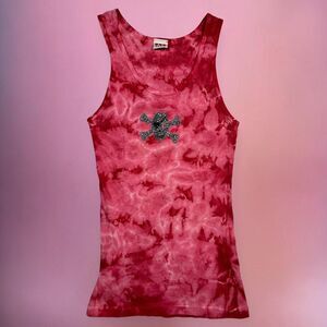 2000s Y2K red tie dye embellished bling silver pirate skull tank